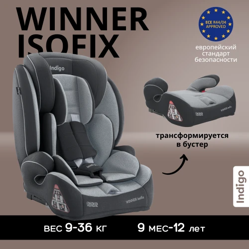 Автокресло Indigo Winner isofix 1/2/3 (9-36 кг) темно-серый светло-серый - фото 1