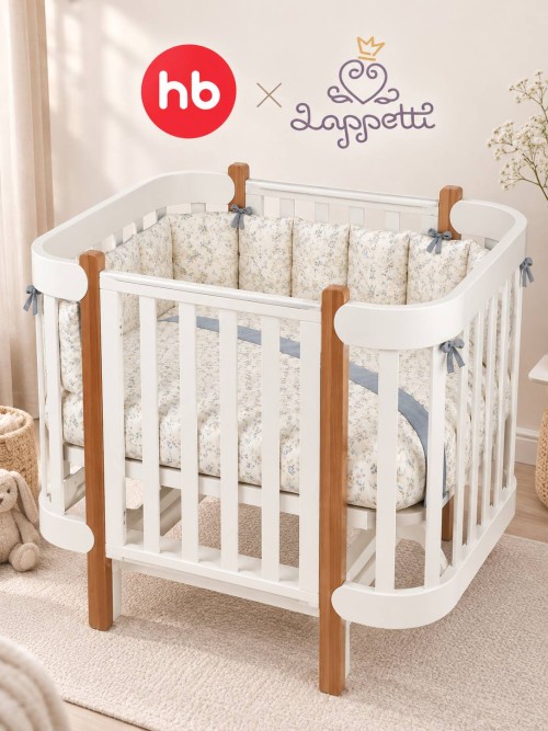 Кроватка-трансформер Happy Baby Mommy Lux 140*70 и 90*70 (закругленный) белый "Lappetti Garden" серо-голубой 6118/1