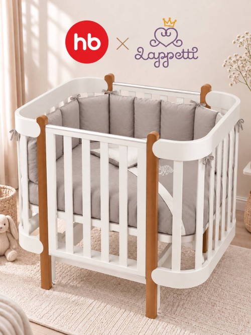 Кроватка-трансформер Happy Baby Mommy Lux 140*70 и 90*70 (закругленный) белый Lappetti "Organic baby cotton" бежевый 6115/4