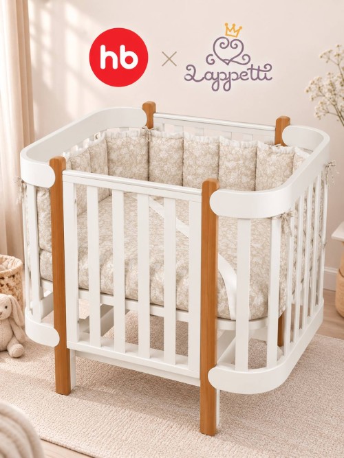 Кроватка-трансформер Happy Baby Mommy Lux 140*70 и 90*70 (закругленный) белый Lappetti "Le Jardin" бежевый, 6130/4